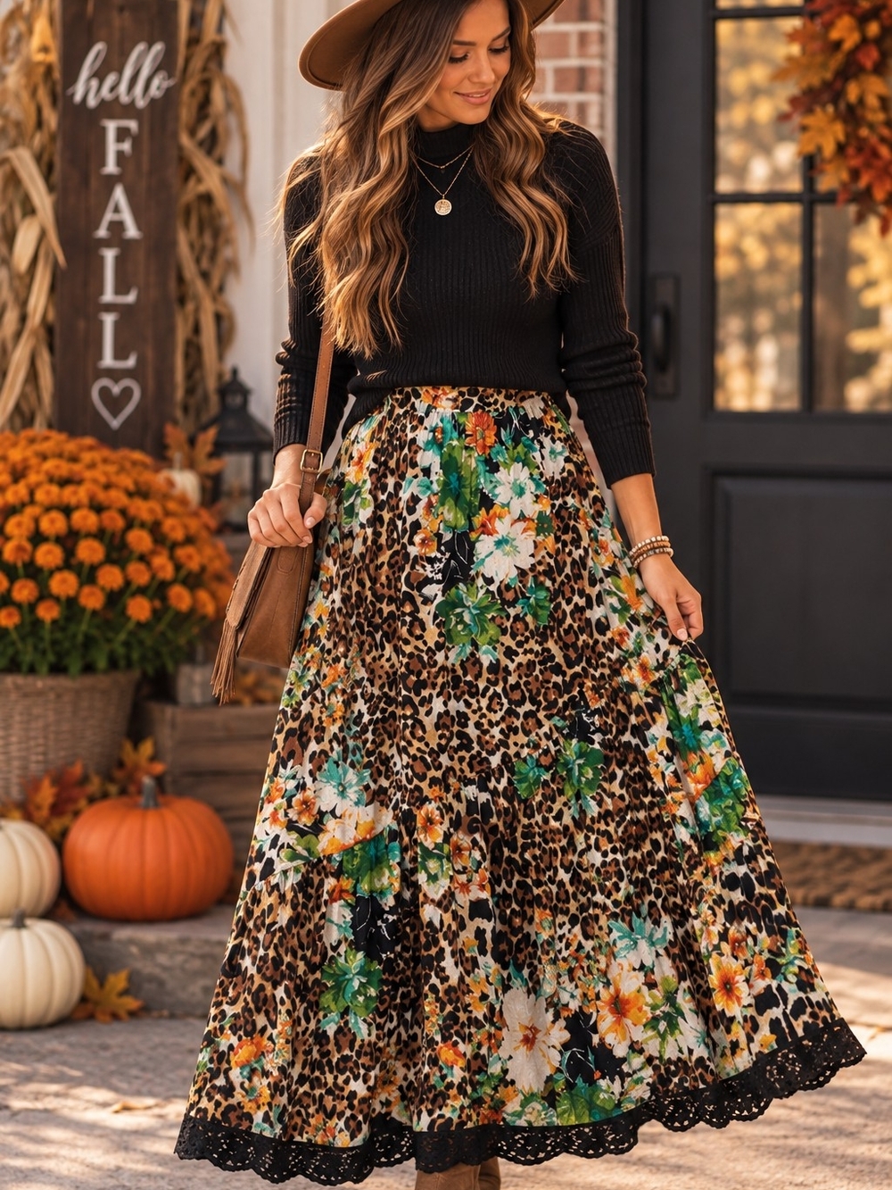 Studio West Leopard Floral Lace Trim Maxi Skirt Boho Size Large